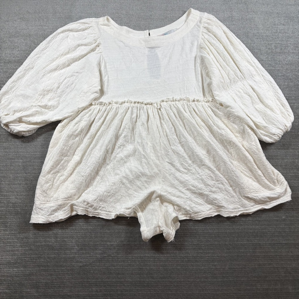 Free People Beach Romper Small White Puff Sleeve Gauze Crinkle Babydoll Boho